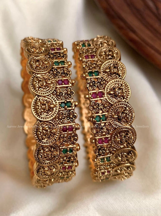 GOLD FINISH LAKSHMI COIN BANGLES WITH RUBY & GREEN STONES