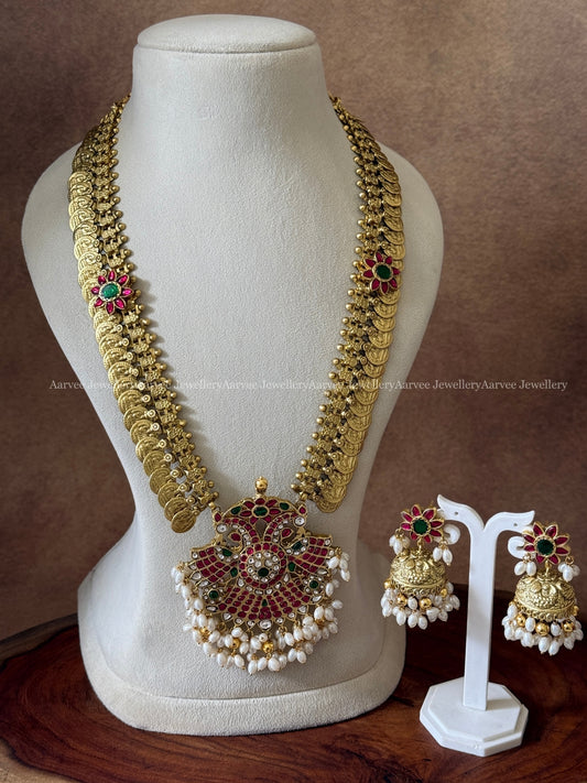 GOLD COIN MID LENGTH HARAM SET WITH PEACOCK PENDANT WITH PEARLS - RUBY STONES