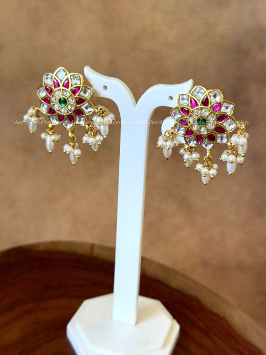 JADAU KUNDAN PINK/WHITE STONES FLORAL STUD EARRINGS