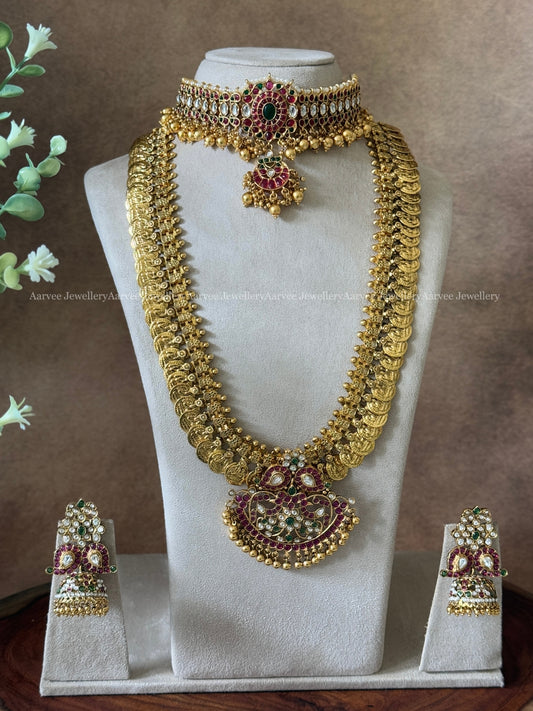 COMBO - KEMP SINGLE PENDANT CHOKER WITH  GOLD FINISH COIN MID LENGTH  HARAM SET WITH MANGO KEMP STONES PENDANT IN GOLD BEADS