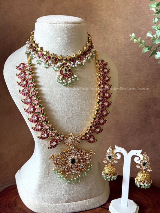 COMBO - JADAU KUNDAN GOLD BALL NECKLACE | JADAU KUNDAN RUBY STONE MANGO MOTIF MID LENGTH HARAM SET WITH WHITE STONE PENDANT & PASTAL BEADS