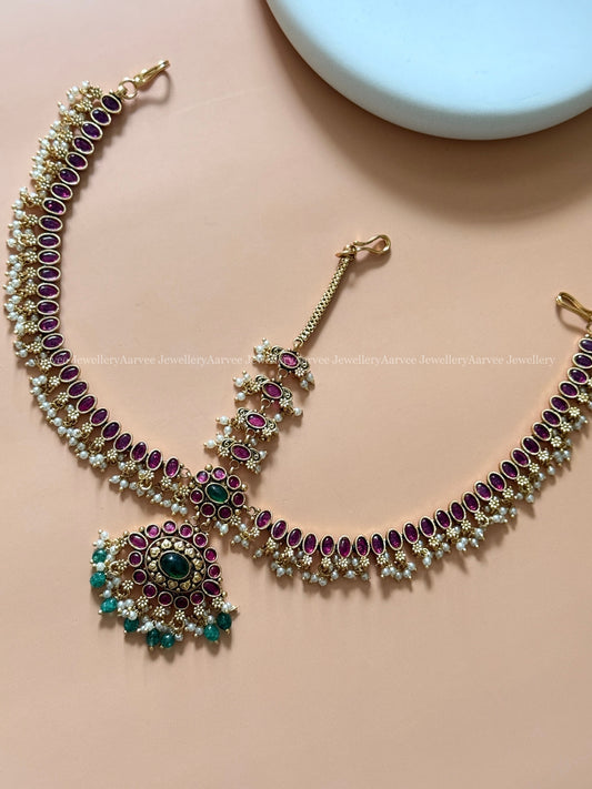 KEMP RUBY / GREEN STONE MATHAPATHI WITH PEARLS & PASTEL BEADS
