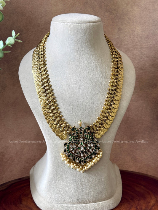 JADAU KUNDAN COIN MIDLENGTH HARAM WITH GREEN STONE PEACOCK PENDANT AND PEARLS