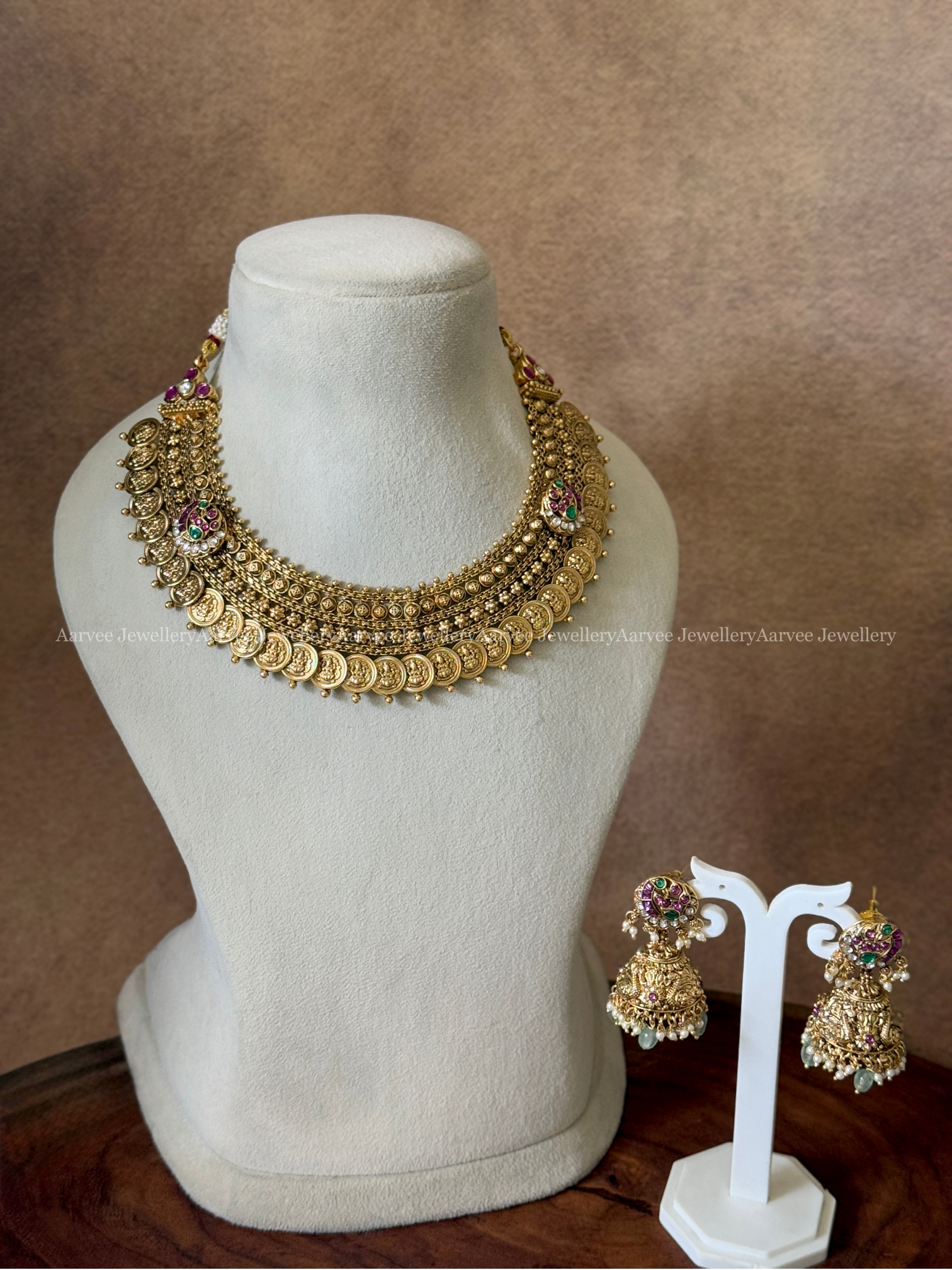 ANTIQUE GOLD STATEMENT COIN NECKLACE SET WITH 3 DETACHABLE PENDANT IN KUNDAN STONE & PASTEL BEADS