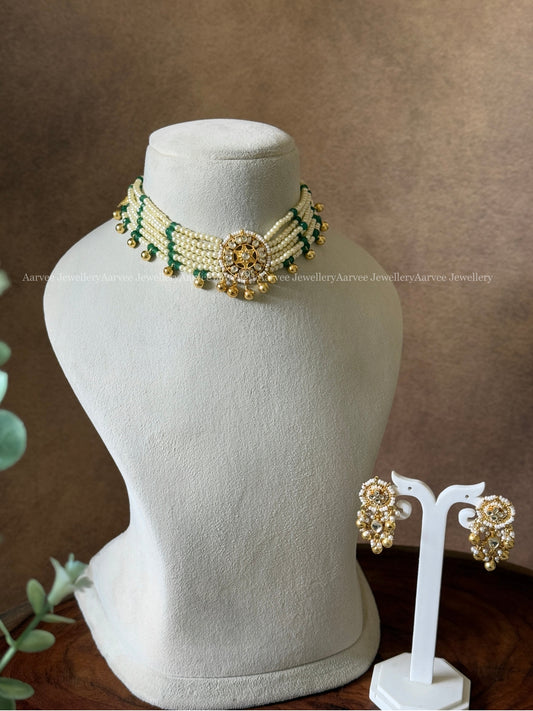 POLKI KUNDAN PEARL & PASTEL BEAD CHOKER SET WITH GOLD BEADS