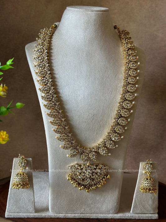 WHITE KUNDAN STONES MANGO MOTIF HARAM SET WITH GOLD BEADS