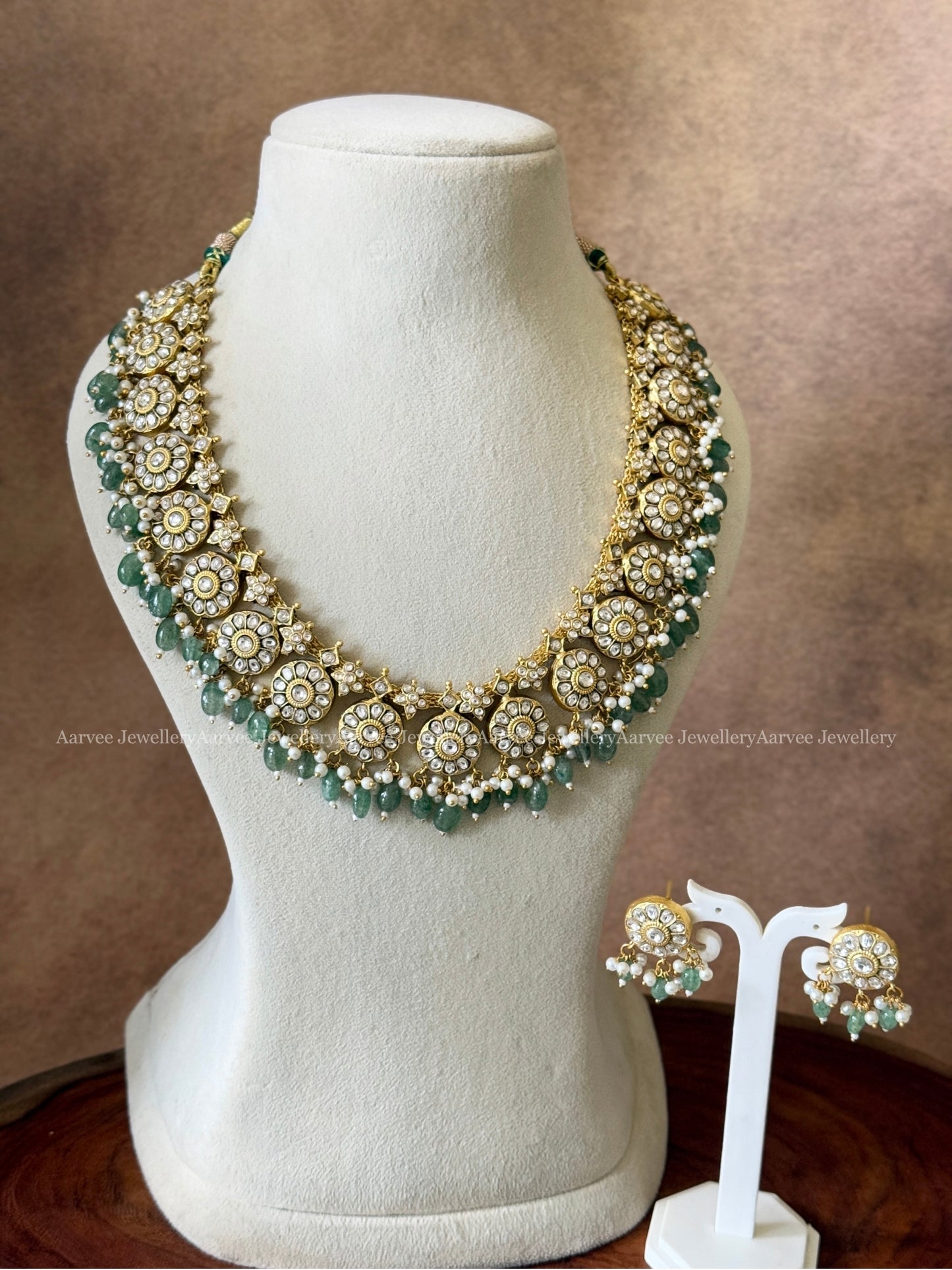 JADAU KUNDAN WHITE STONE BUTTA MID LENGTH NECKLACE SET WITH PASTEL BEADS
