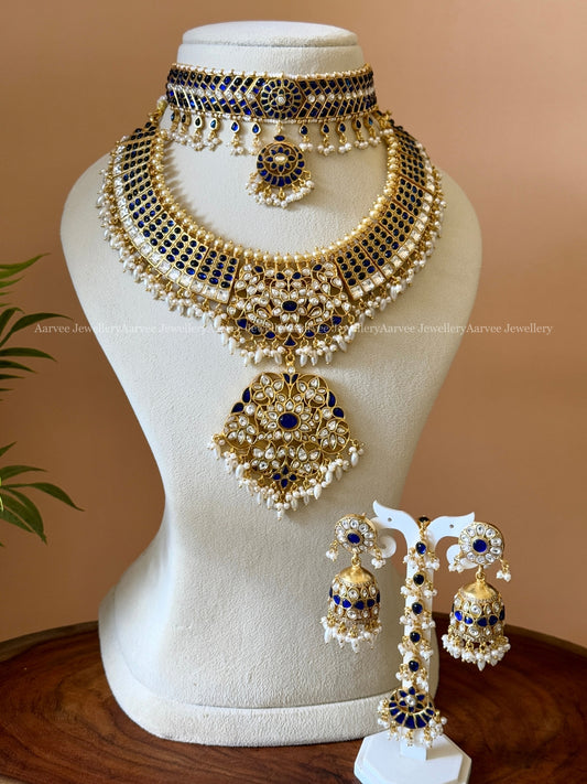 JADAU KUNDAN BRIDAL SET WITH BLUE STONES AND PEARLS