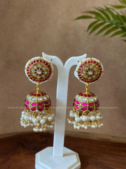 JADAU KUNDAN BUTTA JHUMKI WITH PINK STONES & PEARLS