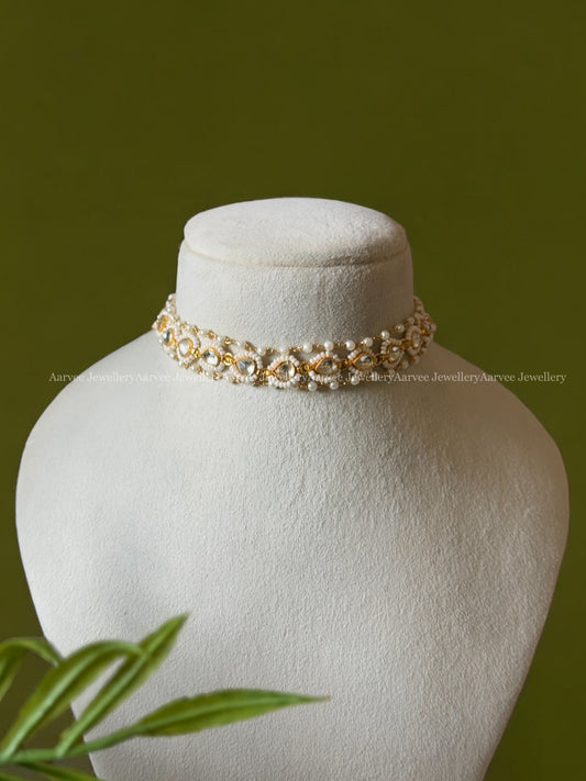 POLKI KUNDAN PEARL BEADS CHOKER WITH WHITE STONE
