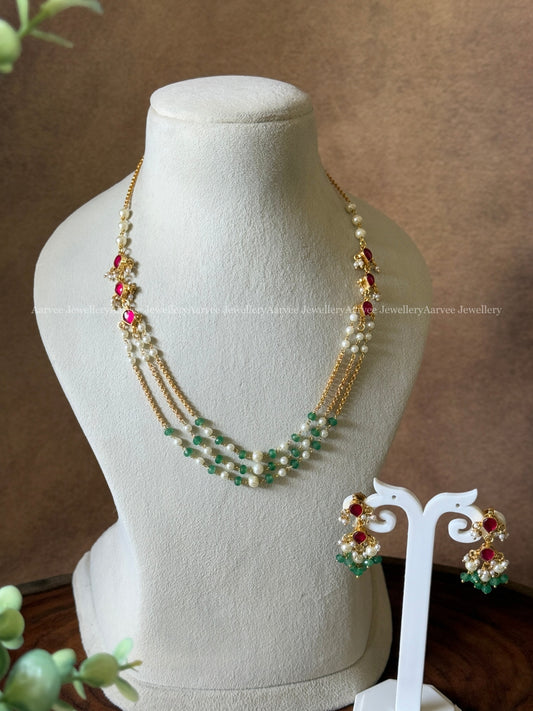 MINIMAL POLKI KUNDAN LAYERED CHAIN SET WITH RUBY STONE & PASTEL BEADS