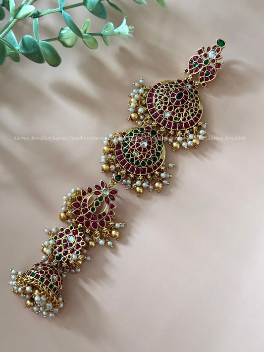 HAIR ACCESSORY WITH MANGO, LOTUS FLORAL MOTIF IN MULTI COLOR KEMP STONES WITH GOLD BEADS MEDIUM LENGTH