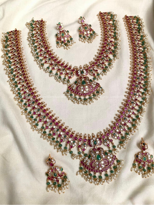 HIGH QUALITY KEMP STONES SEMI - BRIDAL SET WITH RUBY STONES AND MIX OF TINY GREEN  BEADS & RICE PEARL