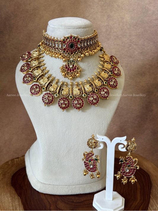 COMBO - RUBY STONE SINGLE PENDANT CHOKER & GOLD TONE BUTTA ANNAM NECKLACE SET WITH GOLD BEADS