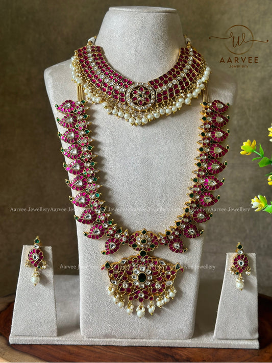 COMBO - JADAU KUNDAN PINK STONE BUTTA CHOKER | JADAU KUNDAN PINK STONE MANGO MOTIF MID LENGTH HARAM SET WITH PEARLS