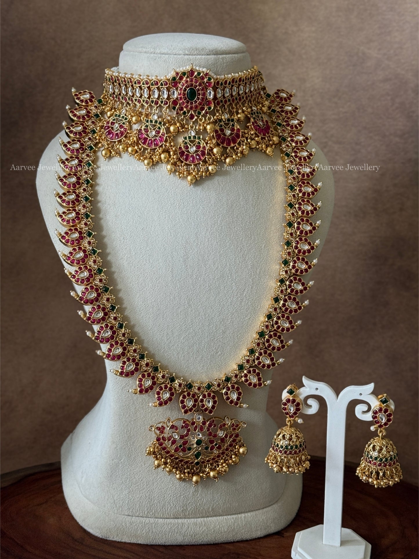 COMBO - KEMP MULTI PENDANT CHOKER & KEMP MANGO MOTIF HARAM SET WITH RUBY STONES & GOLD BEADS