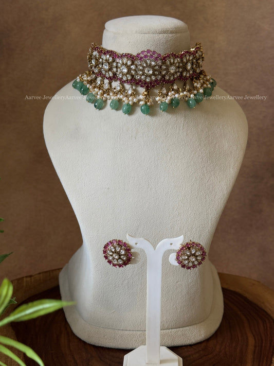 VICTORIAN PINK & WHITE STONES CHOKER SET WITH PASTEL BEADS