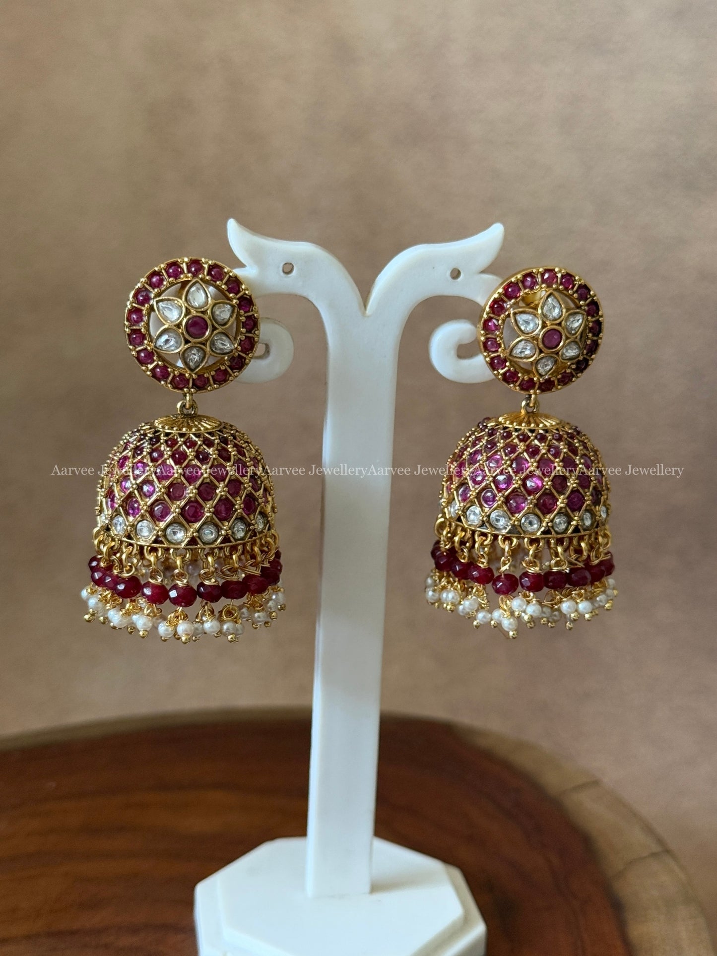PREMIUM KEMP STONE FLORAL JHUMKI WITH RUBY STONE & RUBY BEADS