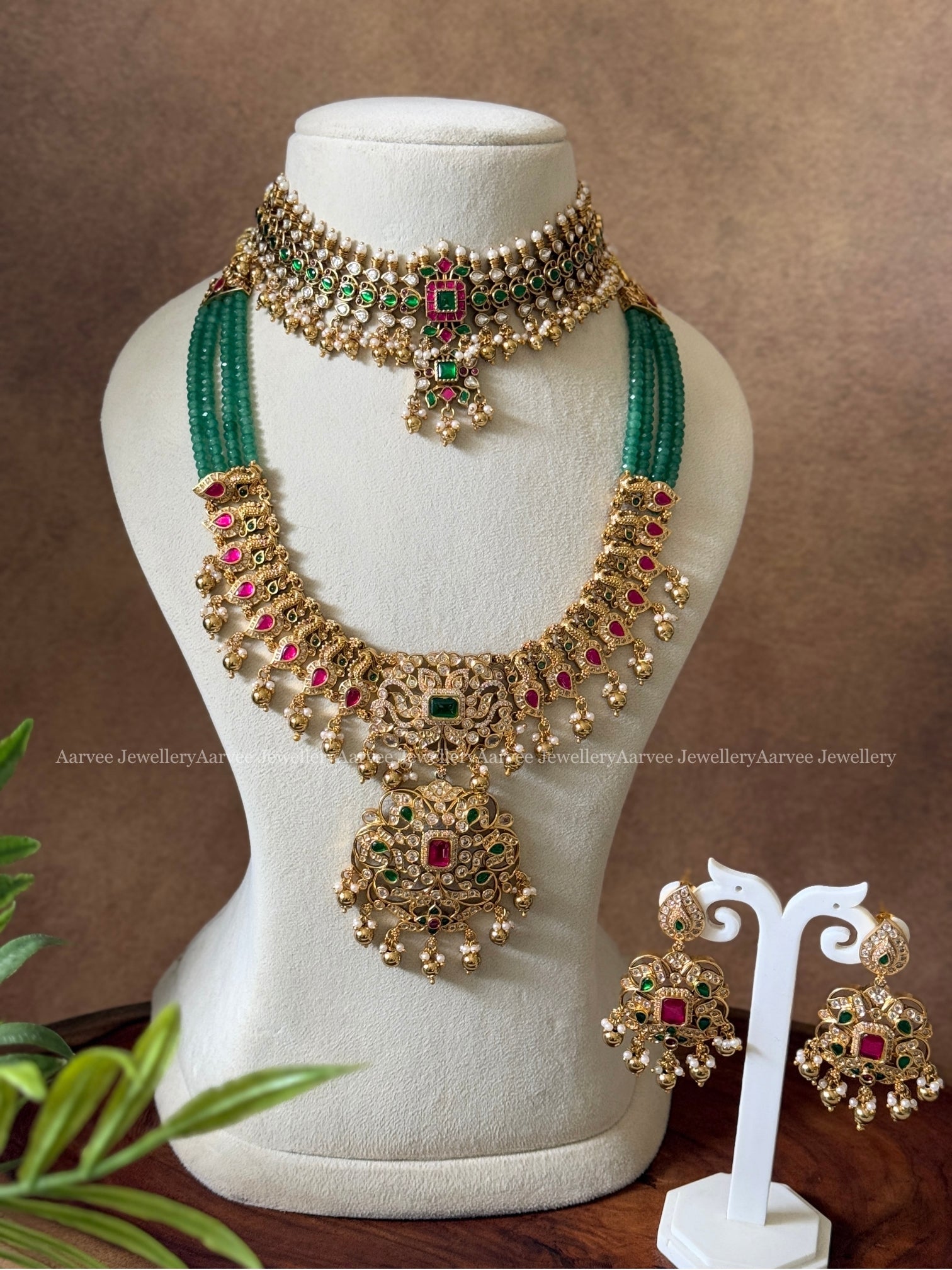 COMBO - CZ GREEN STONE CHOKER AND PASTEL BEADED GOLD FINISH MID LENGTH HARAM SET 