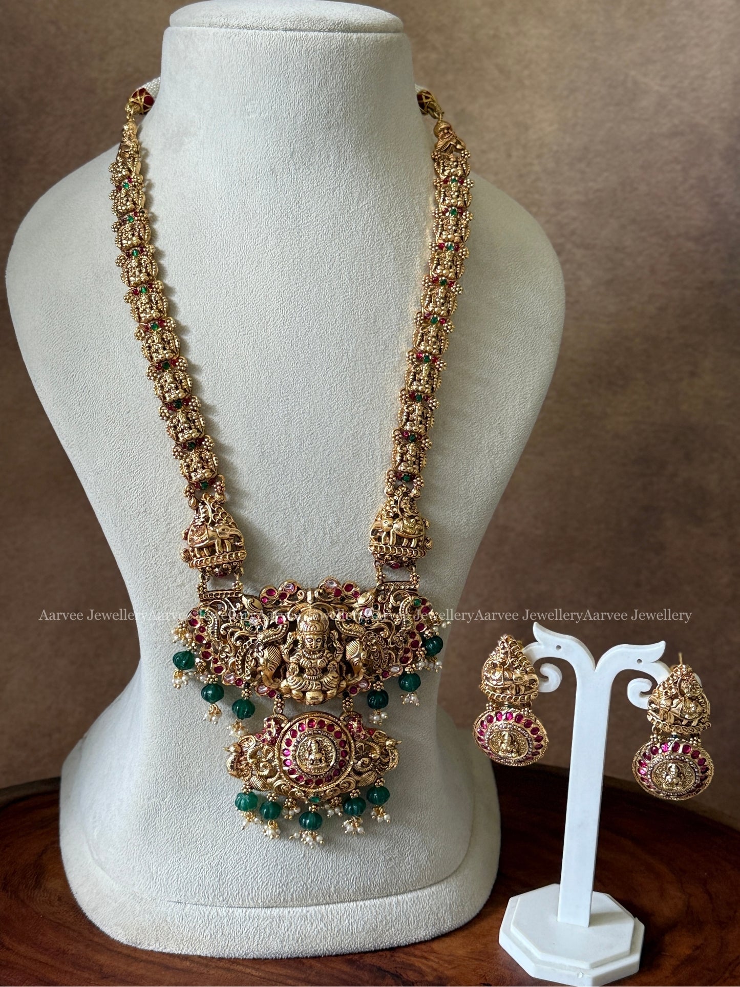 ANTIQUE GOLD LAKSHMI HARAM SET WITH GREEN BEADS