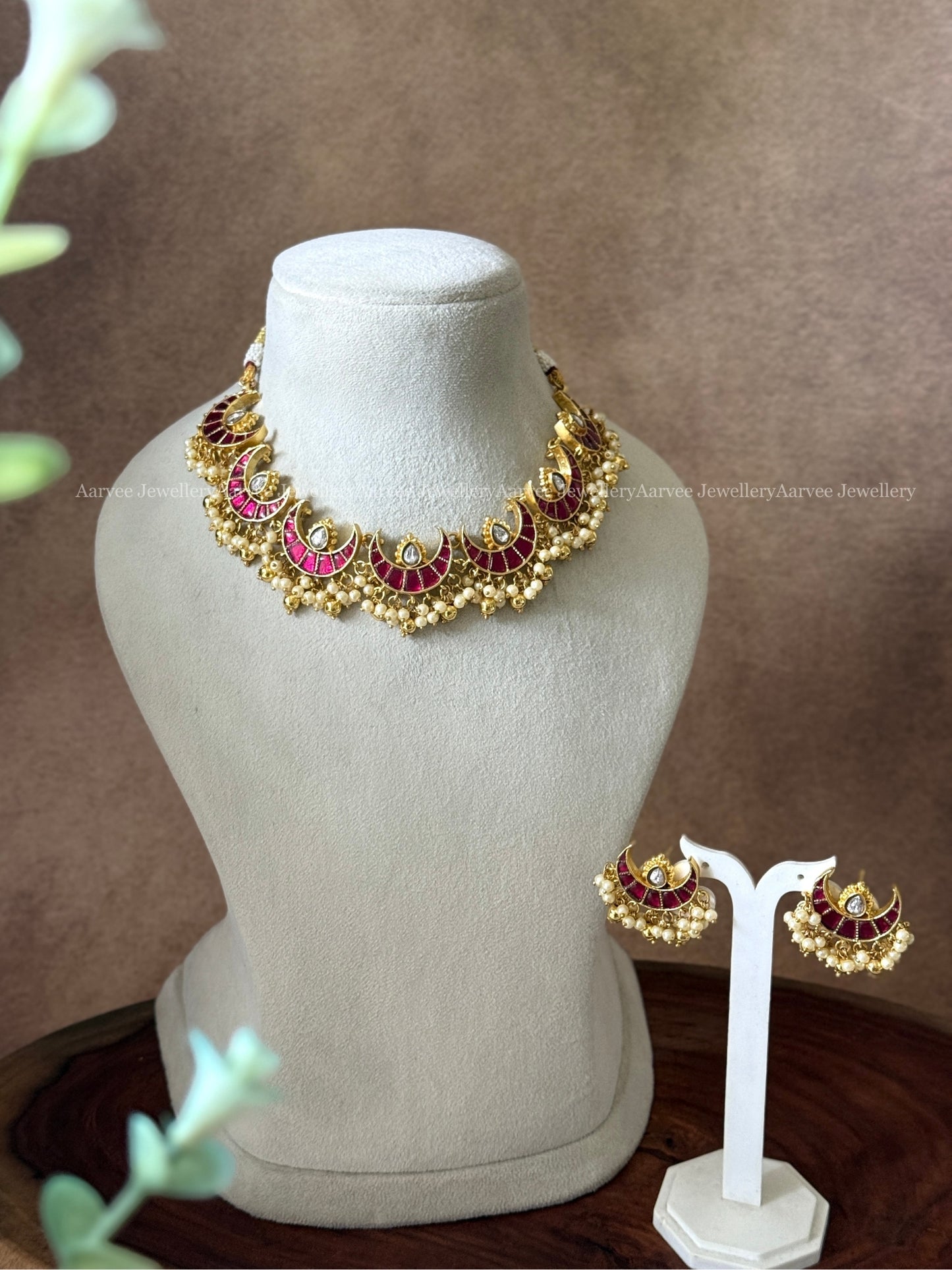 JADAU KUNDAN PINK STONE HALF MOON NECKLACE SET WITH PEARLS
