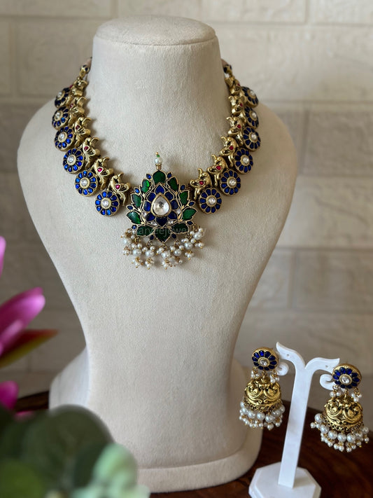 JADAU KUNDAN LOTUS MOTIF NECKLACE SET WITH BLUE & GREEN STONES AND WITH PEARLS