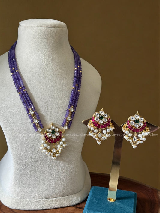 JADAU KUNDAN PURPLE BEADED SHORT CHAIN SET WITH CHAND DESIGN PENDANT