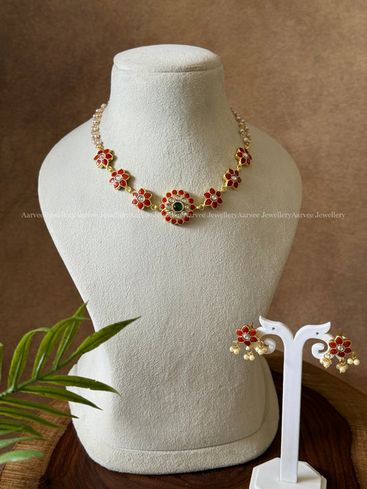 JADAU KUNDAN PEARL LINE NECKLACE SET WITH CORAL STONES ROUND PENDANT