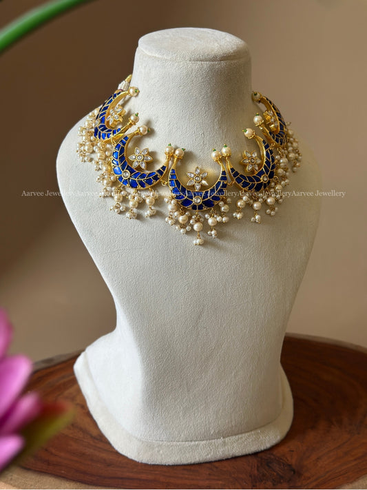 JADAU KUNDAN FIVE CHAND DESIGN PENDANT BLUE STONE NECKLACE WITH PEARL BEADS