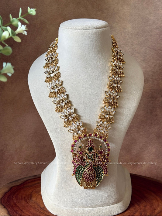 KUNDAN WHITE STONES LOTUS MOTIF HARAM WITH KEMP STONE STUDDED LORD MURUGAN PENDANT