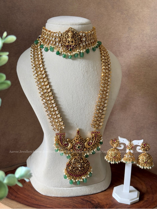 COMBO - ELEGANT WHITE STONE KUNDAN CHOKER / HARAM SET ADORNED WITH PASTEL BEADS
