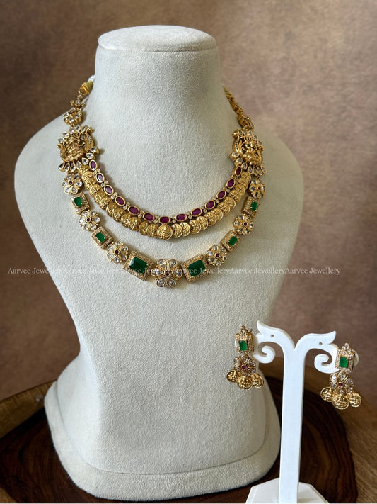 CZ RUBY / GREEN STONE TWO LAYERED NECKLACE SET