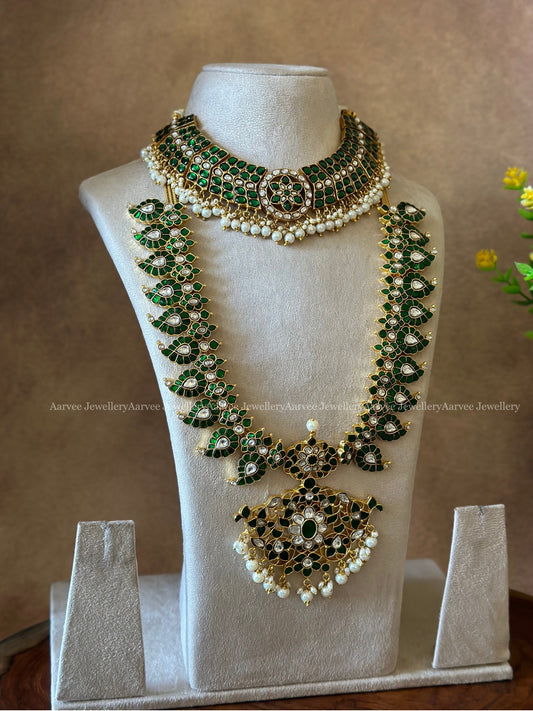 COMBO - JADAU KUNDAN GREEN STONE BUTTA CHOKER | JADAU KUNDAN GREEN STONE MANGO MOTIF MID LENGTH HARAM SET WITH PEARLS