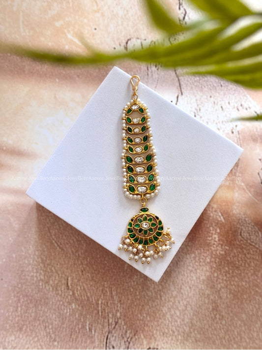 JADAU KUNDAN GREEN STONES FLORAL TIKKA