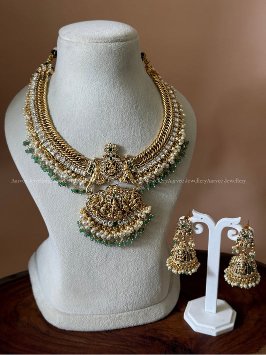 JALEBI NECKLACE SET WITH LAKSHMI MOTIF DETACHABLE PENDANT — WHITE STONES & PASTEL BEADS