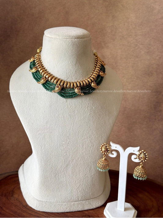 GREEN BEADS NECKLACE SET WITH GOLD FINISH PEACOCK DESIGN