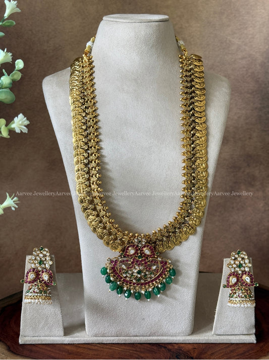 GOLD FINISH COIN MID LENGTH  HARAM SET WITH MANGO KEMP STONES PENDANT IN GREEN BEADS