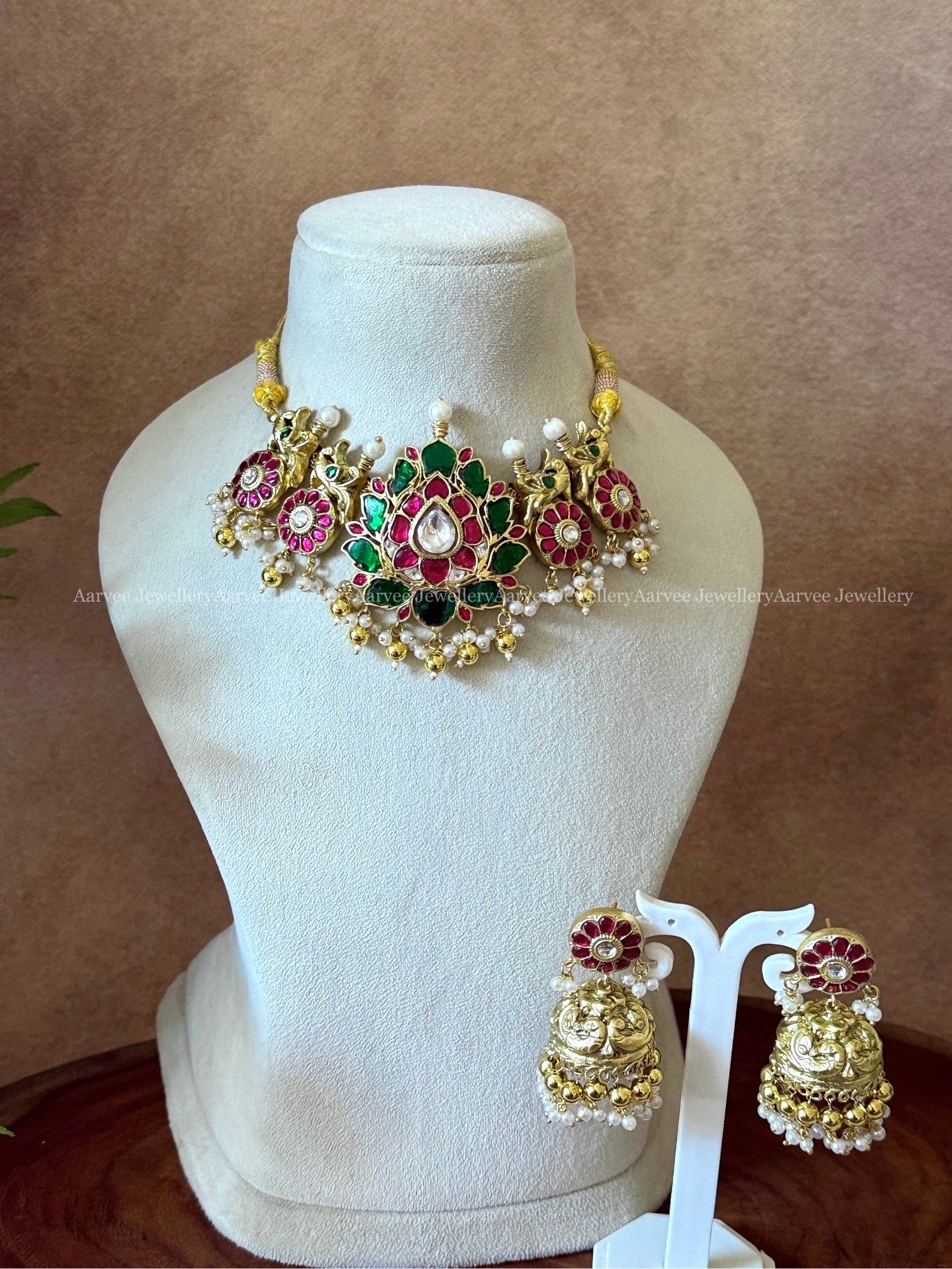 JADAU KUNDAN RUBY / GREEN STONE LOTUS CHOKER AND JHUMKI WITH GOLD BEADS & PEARLS