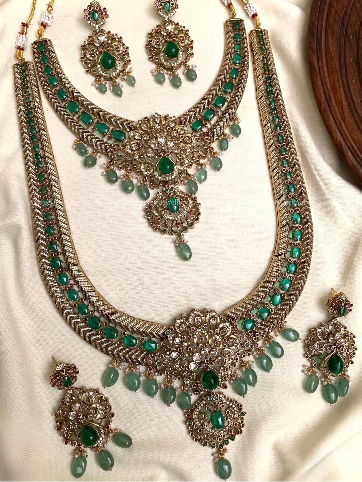 PREMIUM GREEN CZ STONE BRIDAL NECKLACE & HARAM SET WITH PASTEL BEADS
