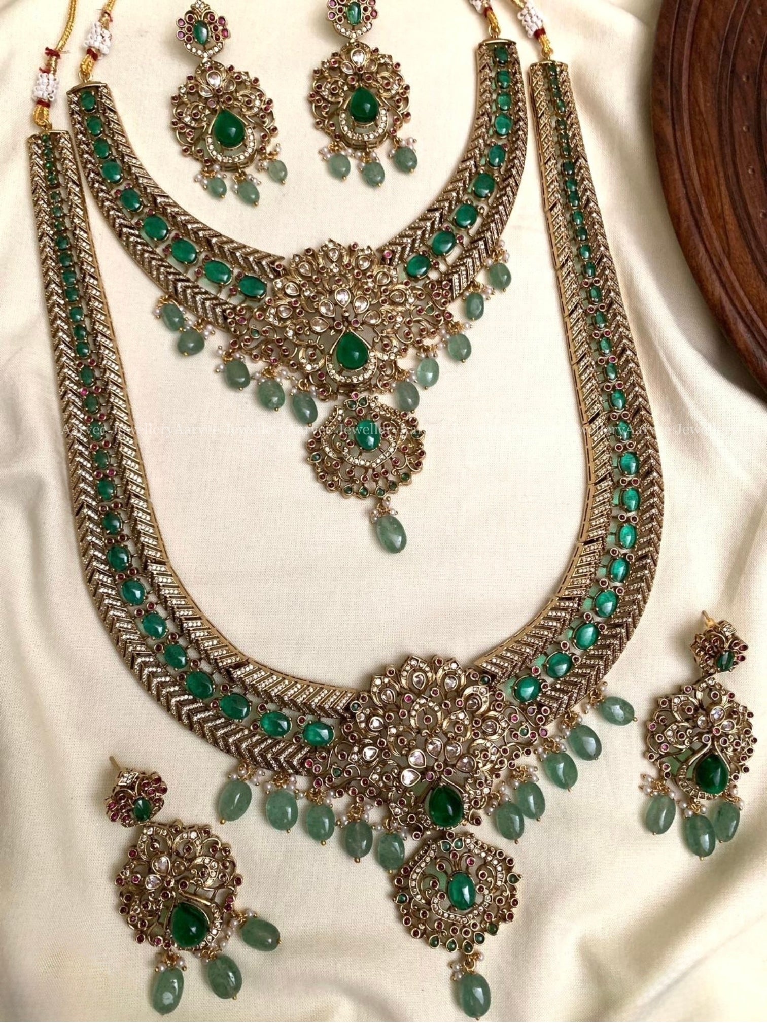 PREMIUM GREEN CZ STONE BRIDAL NECKLACE & HARAM SET WITH PASTEL BEADS