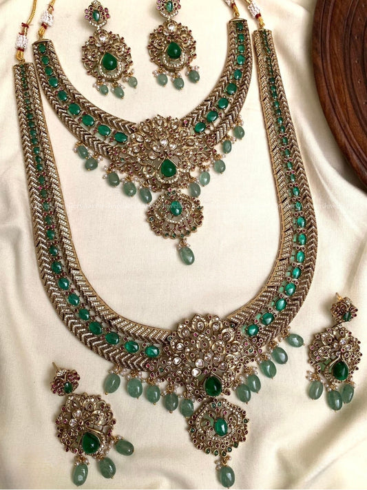 PREMIUM GREEN CZ STONE BRIDAL NECKLACE & HARAM SET WITH PASTEL BEADS
