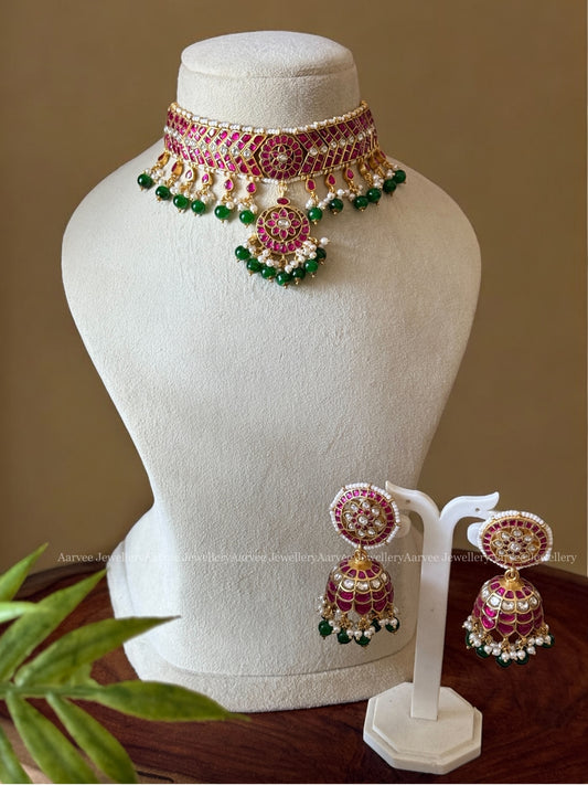 JADAU KUNDAN CHOKER SET WITH PINK KUNDAN STONES & GREEN BEADS