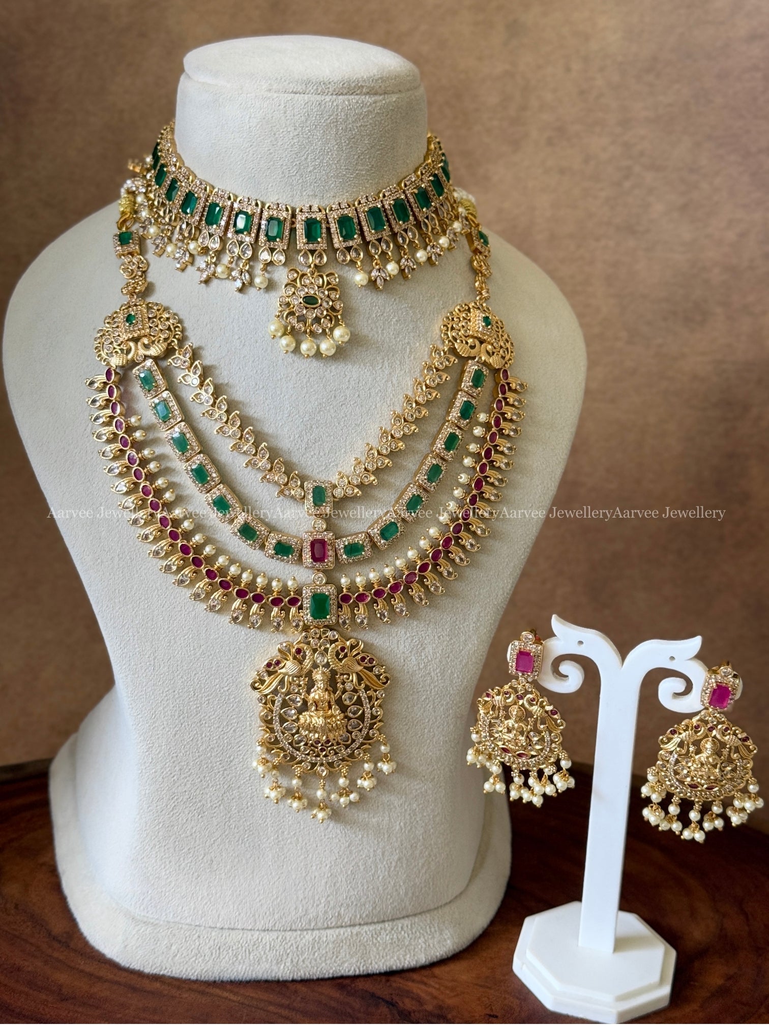 COMBO - CZ GREEN STONE CHOKER PAIRED WITH CZ LAYERED NECKLACE SET WITH LAKSHMI PRNDANT