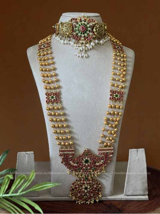JADAU KUNDAN GOLD BEAD LAYERED HARAM WITH FULL GOLD CHOKER WITH RICE PEARLS