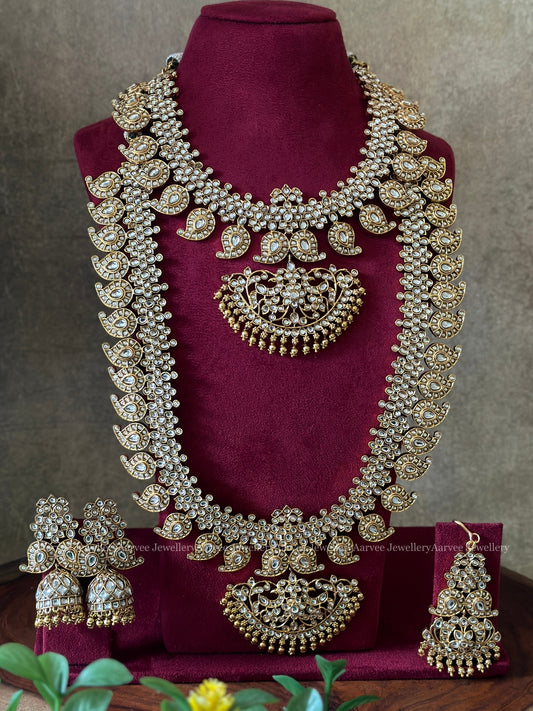 A CLASSIC KEMP SEMI BRIDAL JEWELLERY SET | MANGO MOTIF WITH FULL WHITE KUNDAN STONES