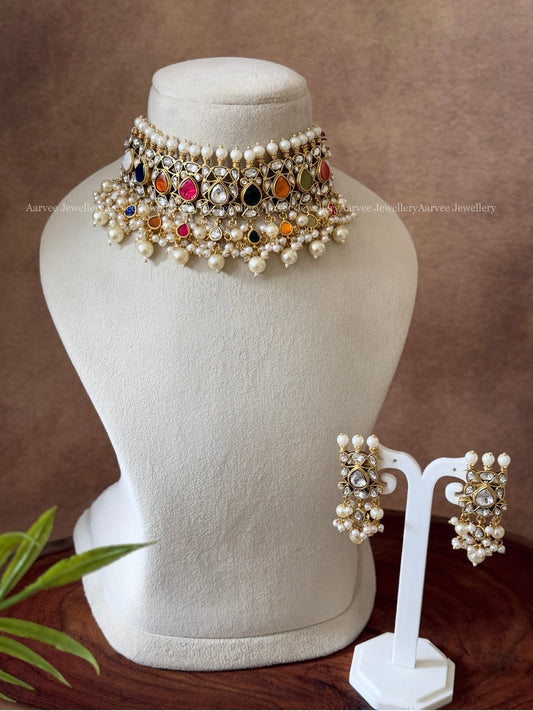 JADAU KUNDAN CHOKER SET WITH NAVARATHNA COLOR STONES AND PEARL BEADS