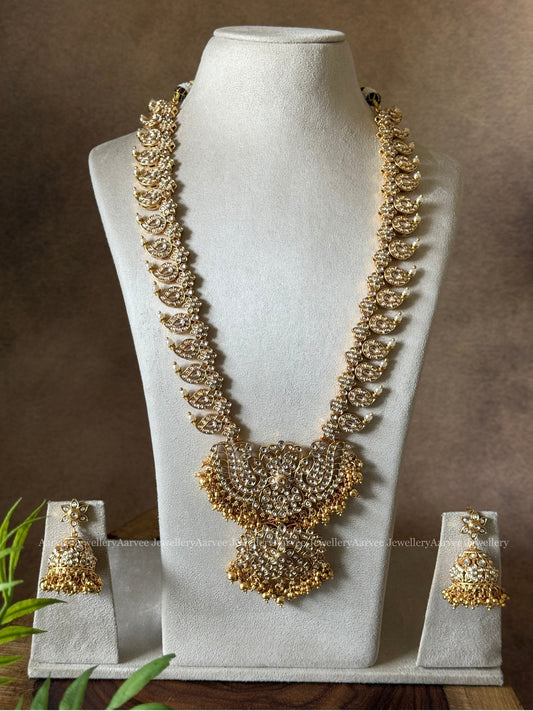 WHITE KUNDAN STONES MANGO MOTIF HARAM SET WITH  PEACOCK PENDANT AND GOLD BEADS