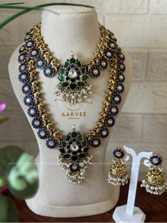 JADAU KUNDAN BRIDAL SET| LOTUS MOTIF NECKLACE| LOTUS MOTIF HARAM | WITH BLUE & GREEN STONES AND WITH PEARLS