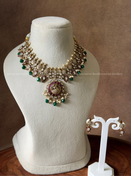 MANGO & PEACOCK MOTIF VICTORIAN NECKLACE SET WITH GREEN BEADS