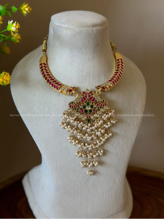 JADAU KUNDAN KANTI NECKLACE WITH PEACOCK PENDANT AND LAYERED PEARL DROPPINGS